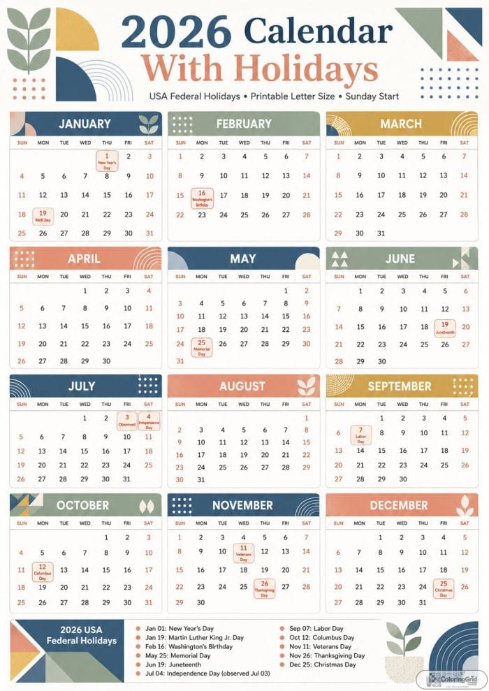 Printable 2026 calendar with holidays in a modern geometric design