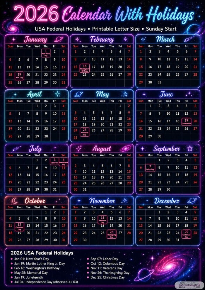 Printable 2026 calendar with holidays in a dark neon galaxy design