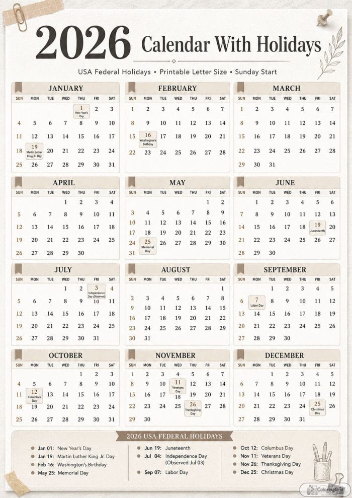 Printable 2026 calendar with holidays in a simple neutral planner style