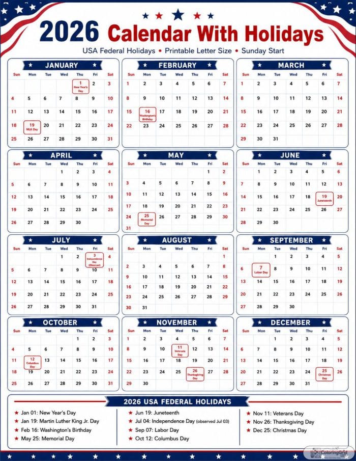 2026 Calendar With Holidays Printable Free USA, in a patriotic USA red and blue design