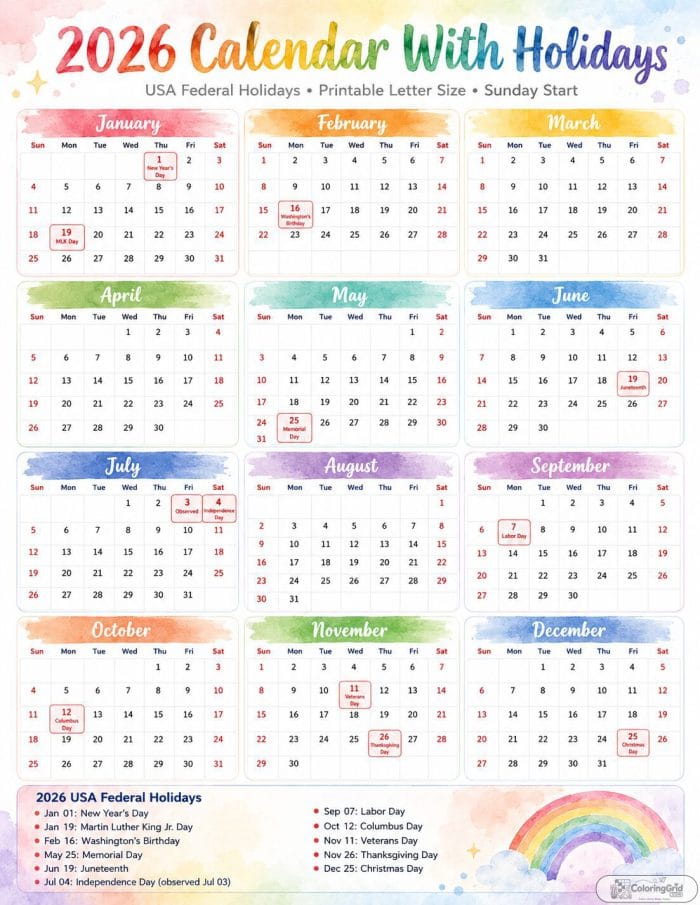 Printable 2026 calendar with holidays in a colorful rainbow watercolor design