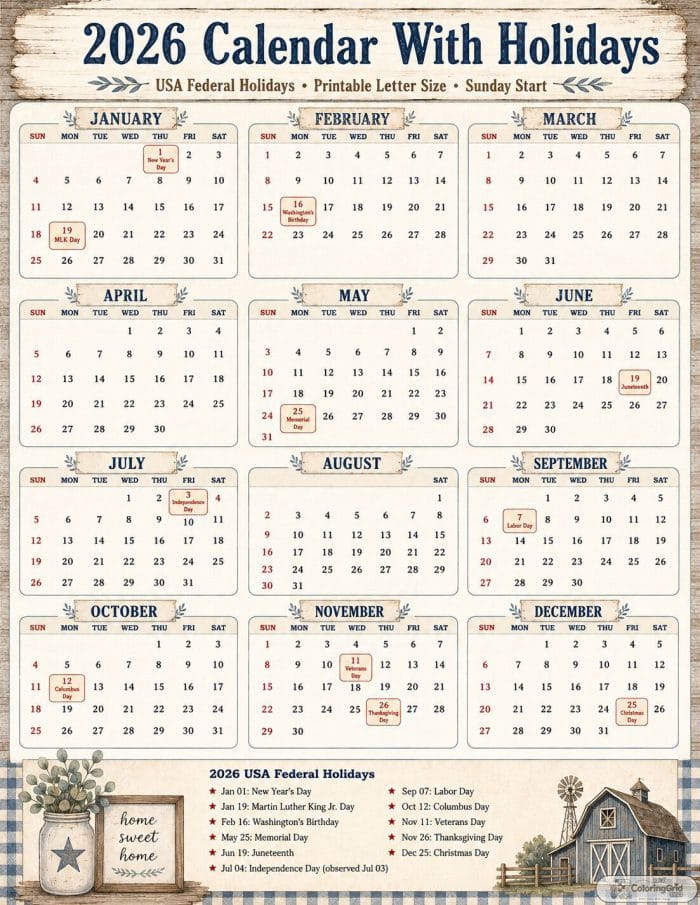 Printable 2026 calendar with holidays in a rustic farmhouse design