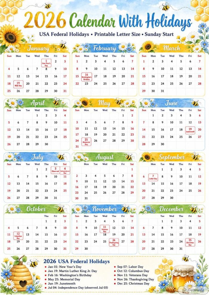 Printable 2026 calendar with holidays in a sunflower and bee design