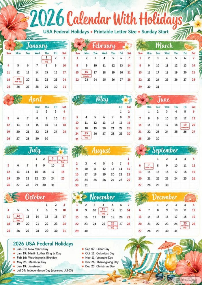 Printable 2026 calendar with holidays in a tropical summer flower design
