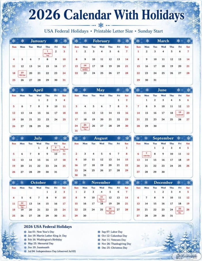 Printable 2026 calendar with holidays in a blue winter snow theme