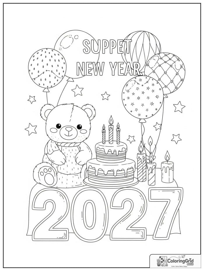 Cute bear with cake celebrating 2027 New Year.