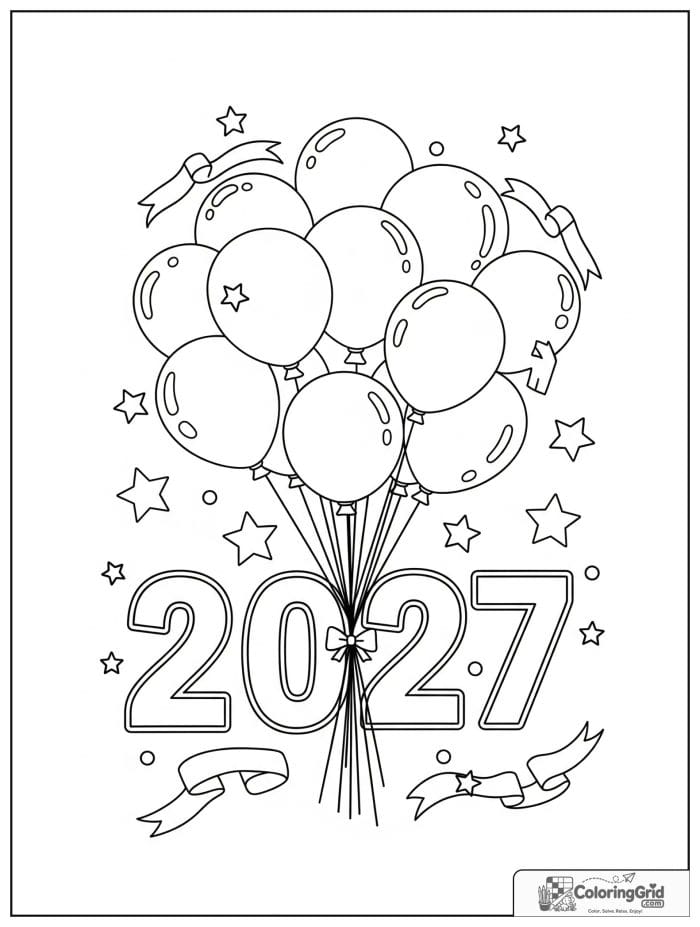 Bouquet of balloons around 2027 New Year numbers.