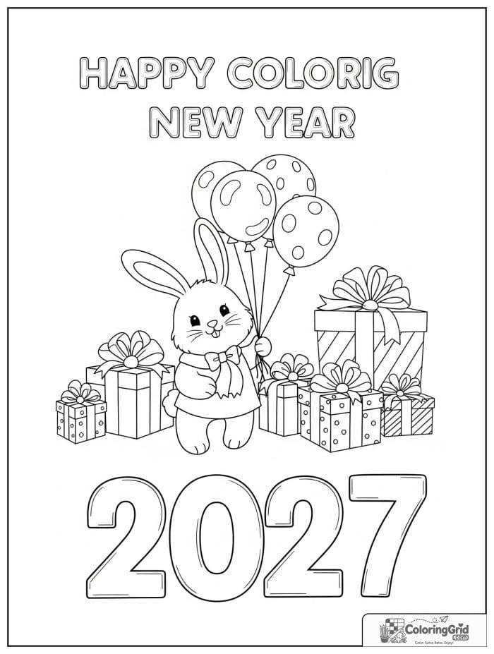 Cute bunny with balloons and gifts celebrating 2027.
