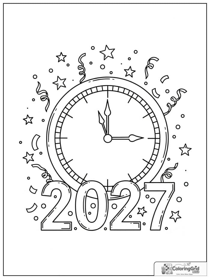 2027 New Year countdown with a clock near midnight.