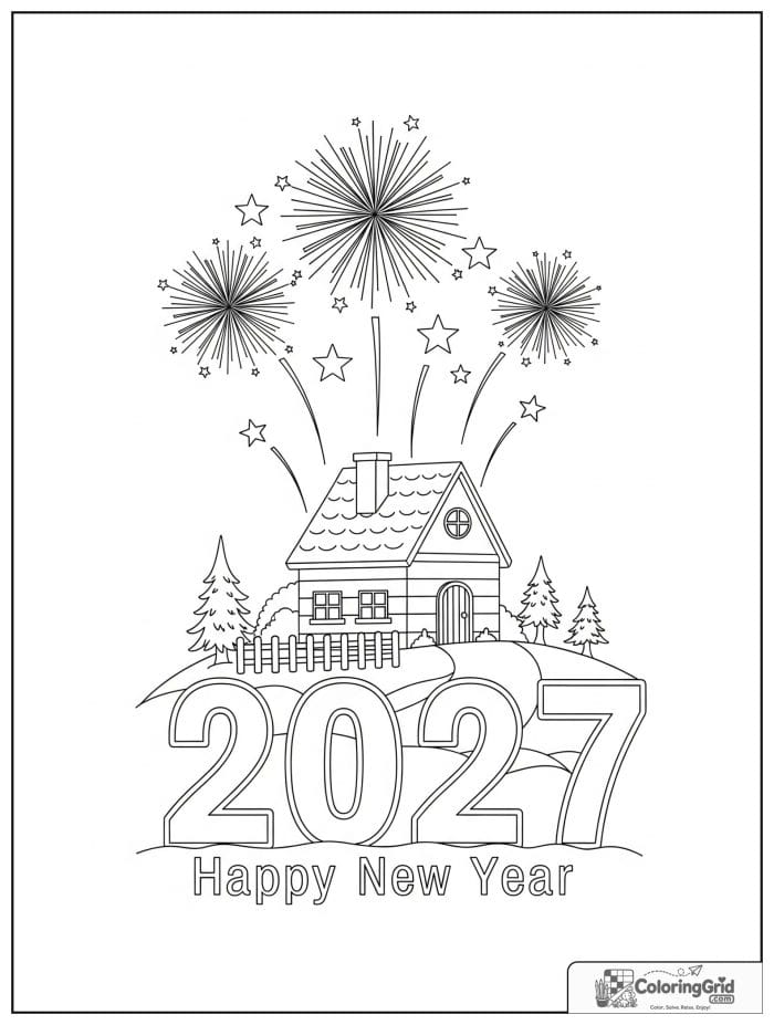 Cozy cottage and fireworks with 2027 New Year numbers.