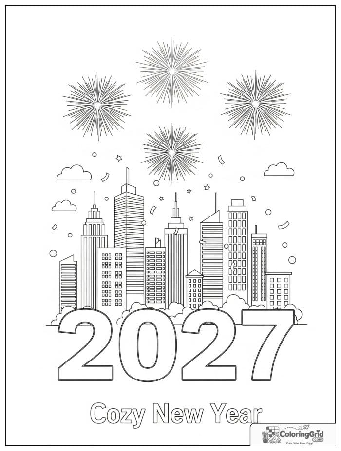 2027 New Year cityscape with fireworks and confetti.