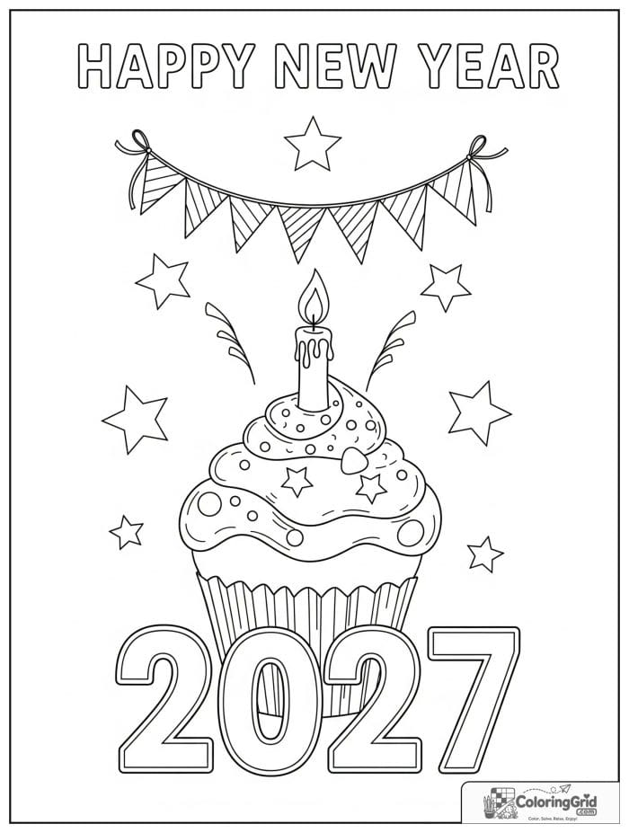 2027 New Year cupcake with banner and stars.