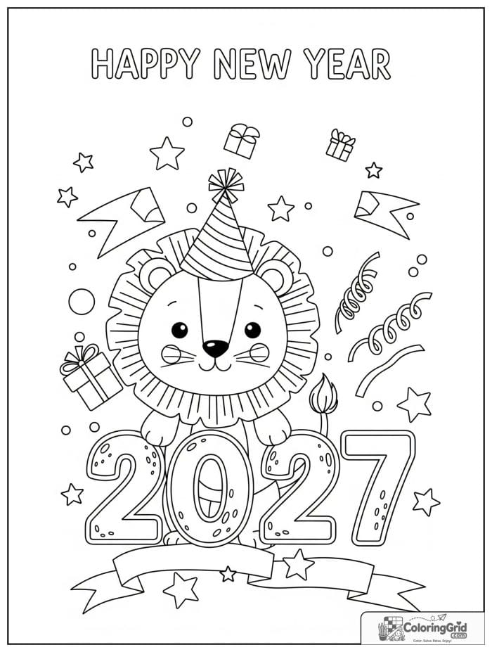 Cute lion celebrating 2027 New Year with party hat.