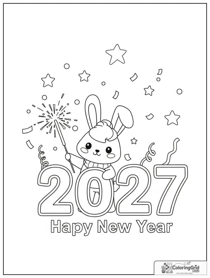 Cute rabbit holding a sparkler beside 2027 numbers.