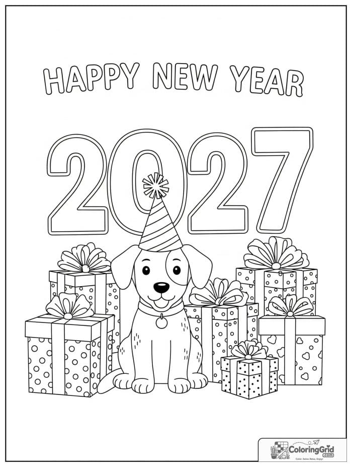 Cute dog in a party hat beside 2027 New Year numbers.