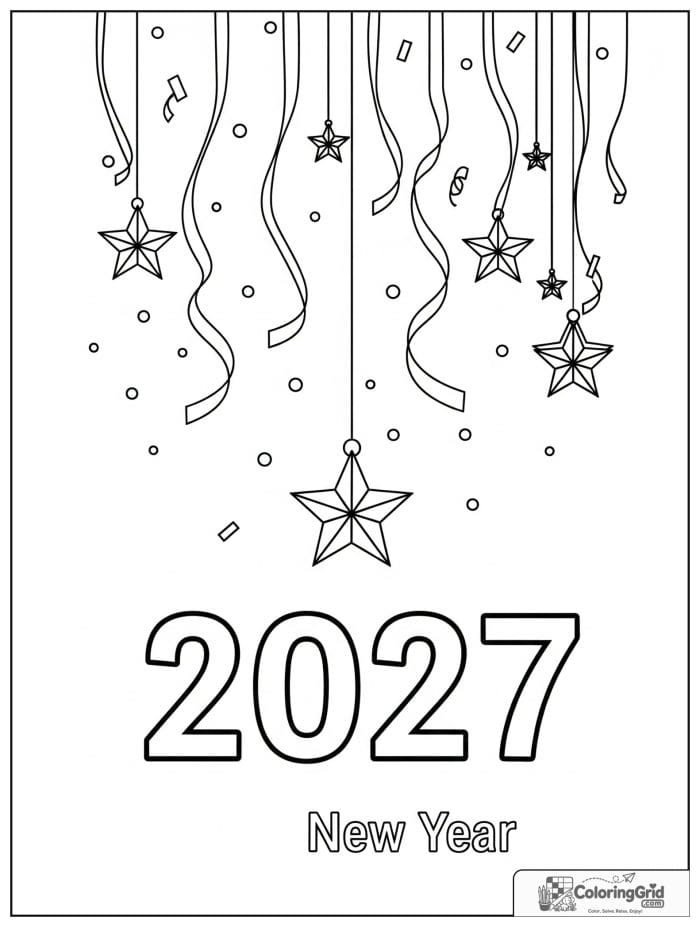 Hanging stars and ribbons around 2027 New Year numbers.
