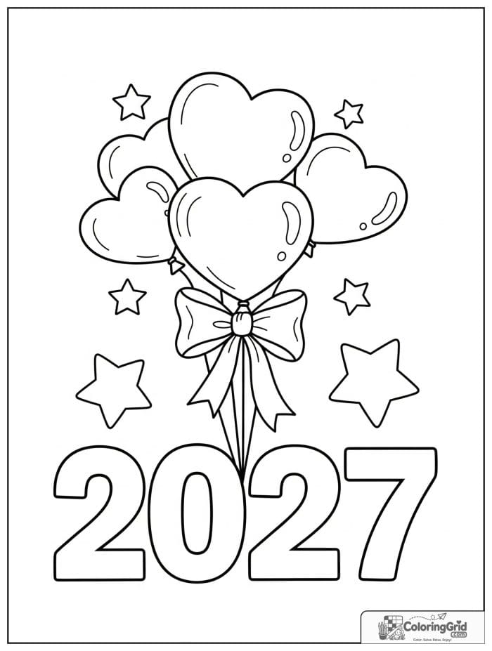 Heart balloons and ribbon bow around 2027 numbers.