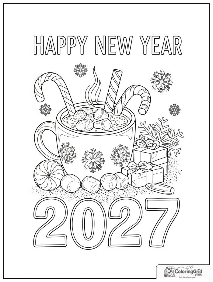Cozy 2027 New Year scene with hot cocoa and snowflakes.