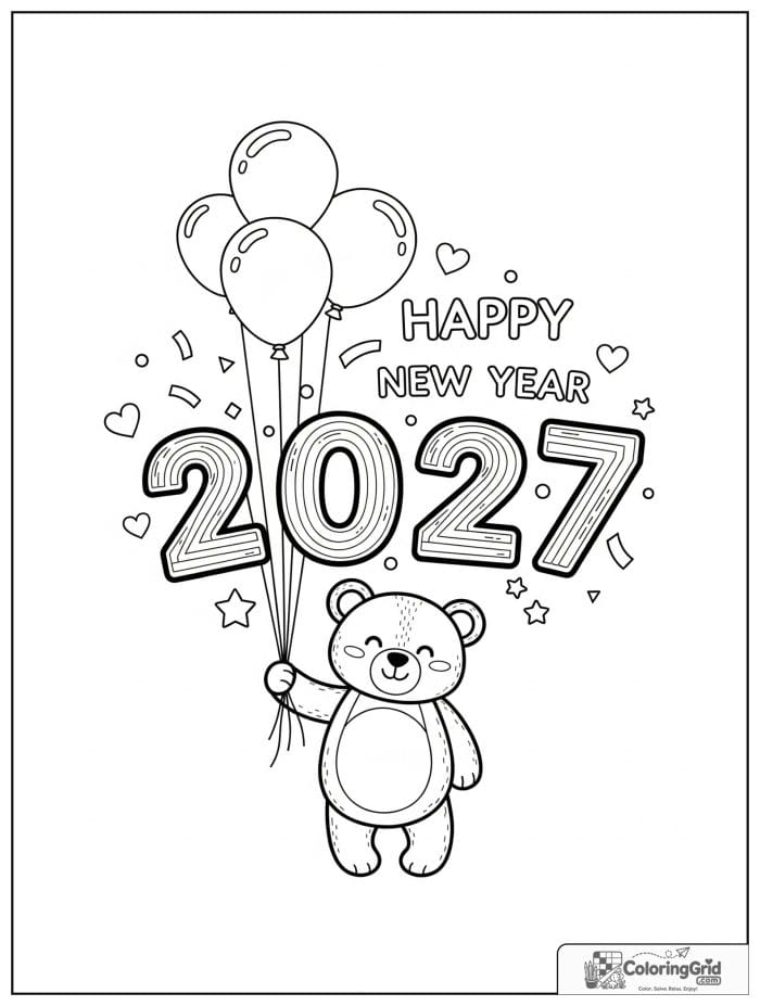 Cute bear with balloons celebrating 2027 New Year.
