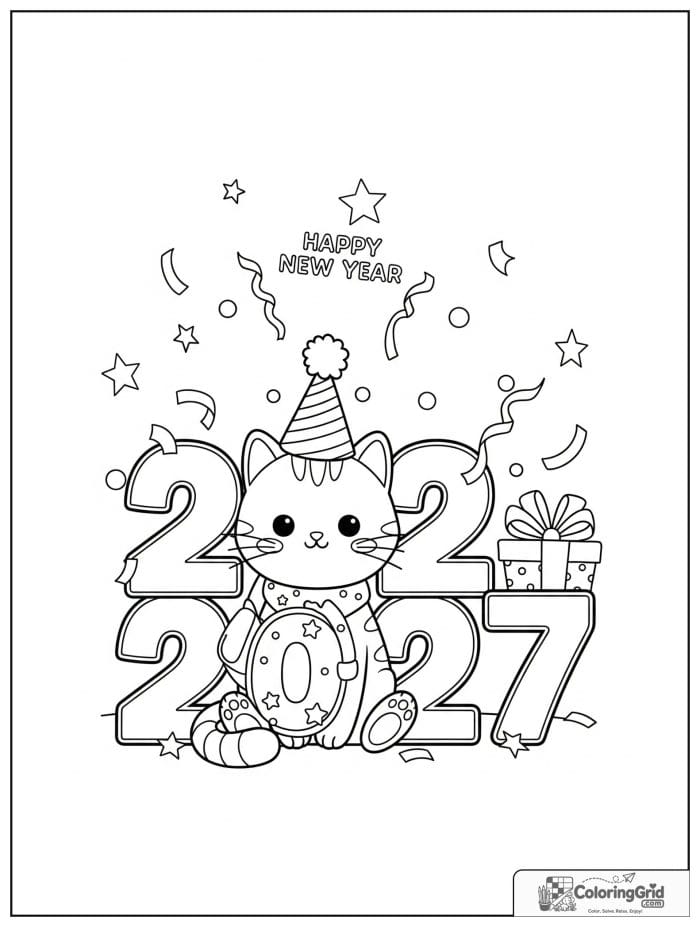 Cute cat celebrating 2027 New Year with party hat.
