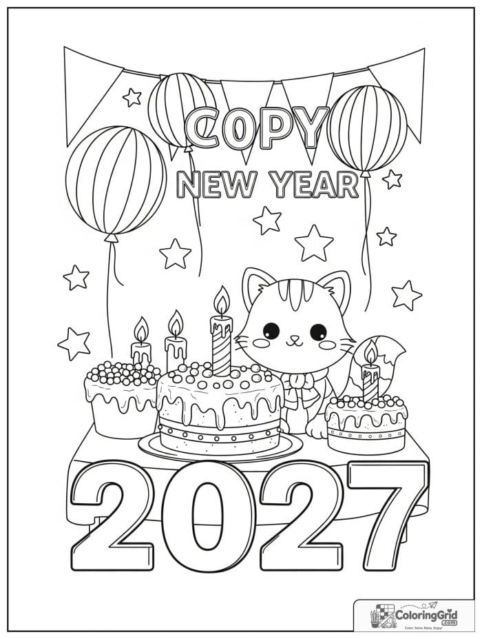 Cute kitten with cake celebrating 2027 New Year.