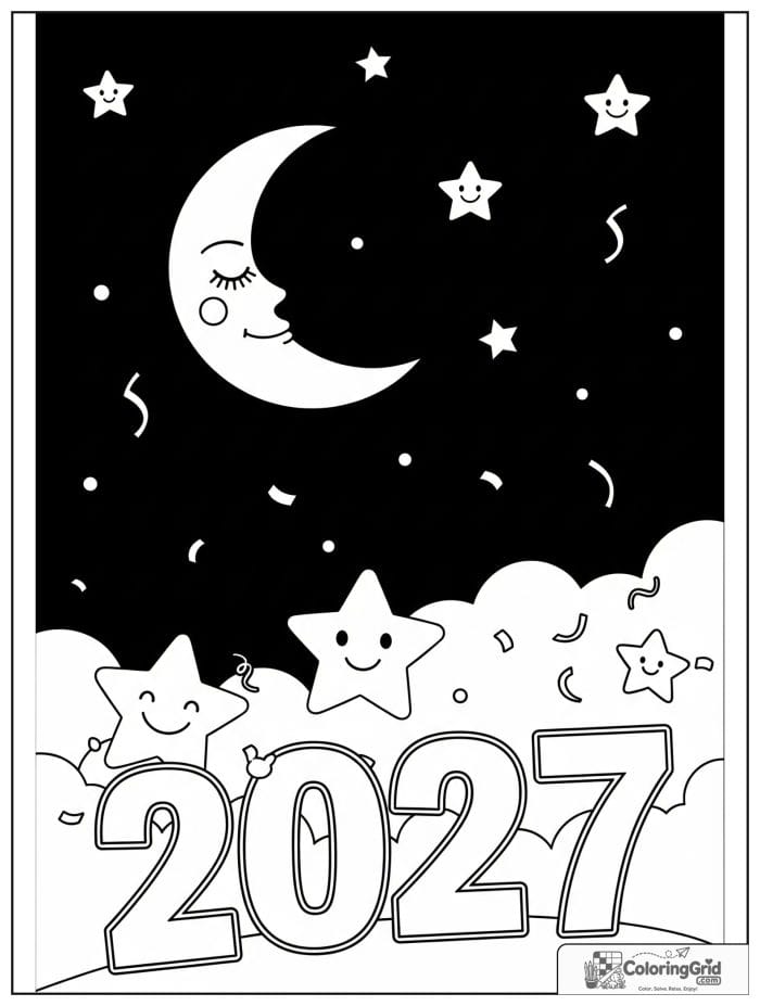 Dreamy 2027 New Year night with moon and stars.