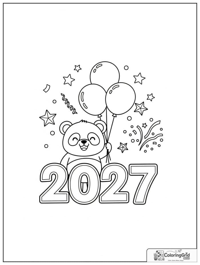 Cute panda with balloons celebrating 2027 New Year.