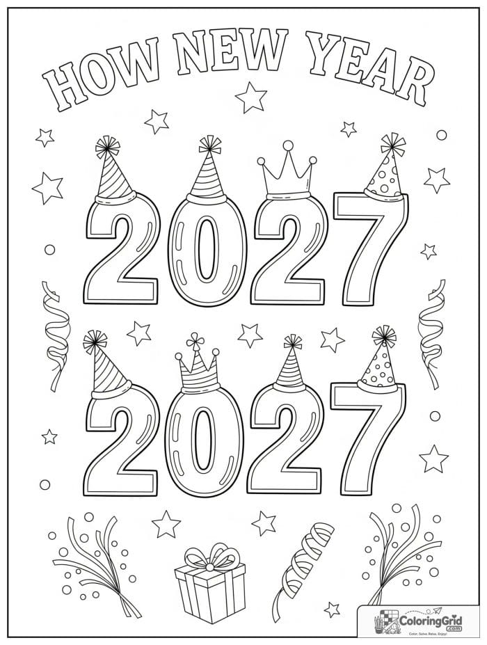 2027 numbers wearing tiny party crowns.