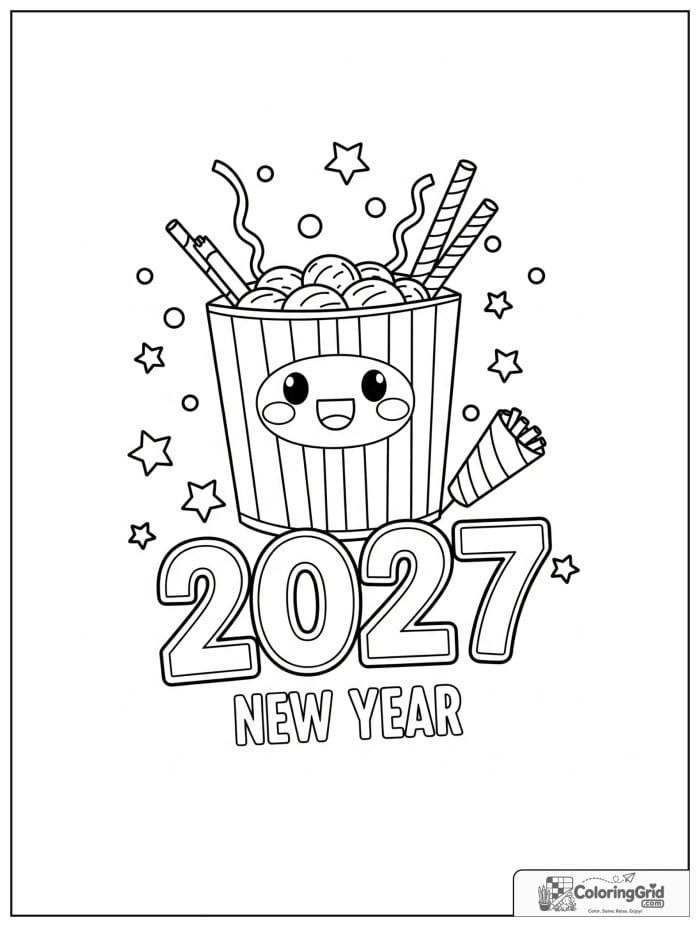 Playful 2027 New Year scene with snack tub and confetti.