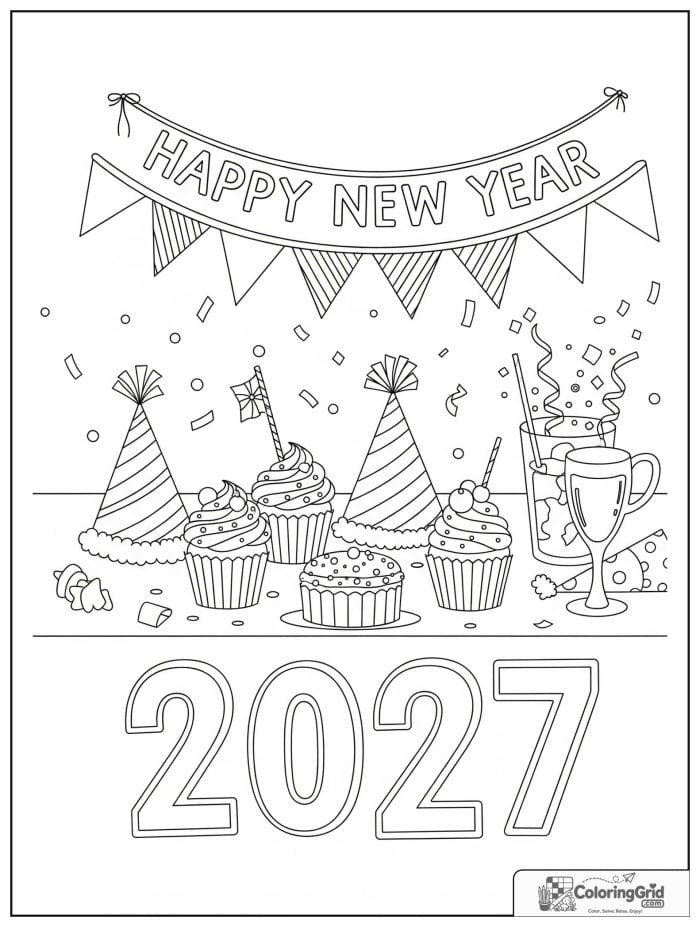 Party table with cupcakes and 2027 New Year decorations.
