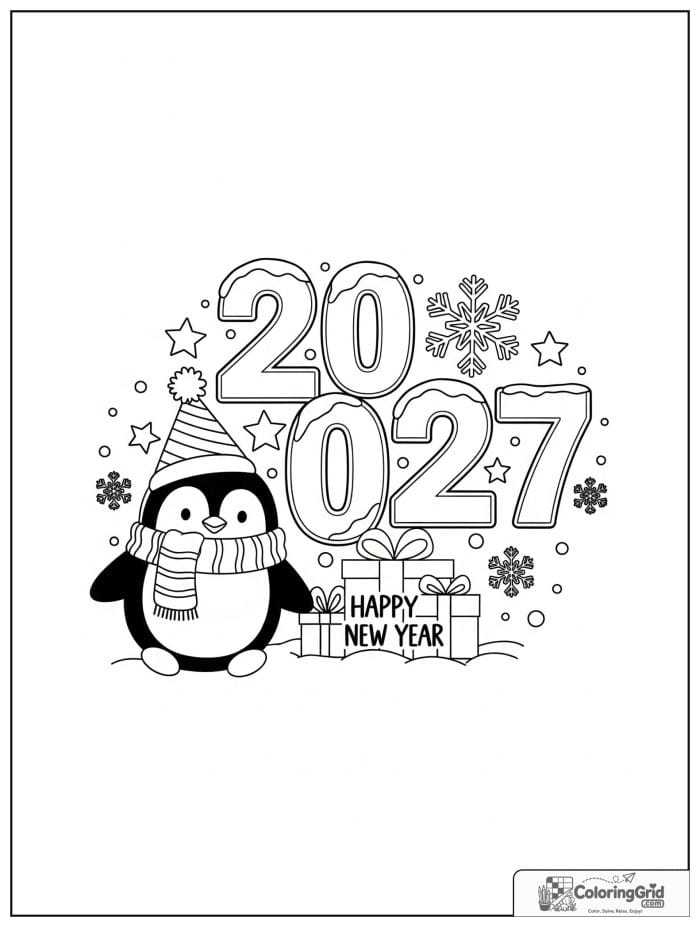 Penguin in scarf celebrating 2027 New Year.