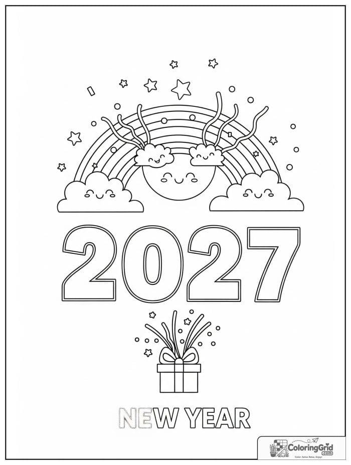 2027 New Year design with rainbow, clouds, and stars.