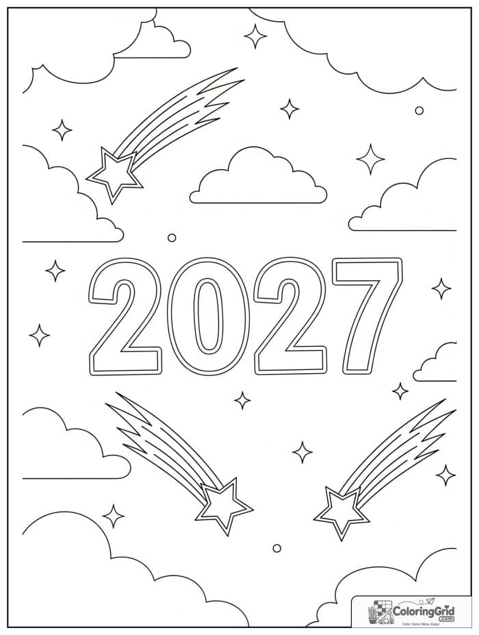 2027 New Year sky scene with shooting stars and clouds.