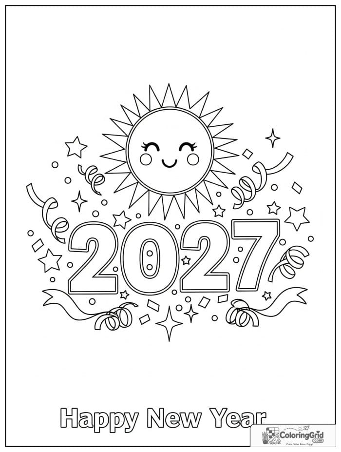 Smiling sun above 2027 New Year numbers.