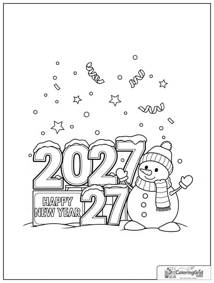 Happy snowman celebrating 2027 New Year.