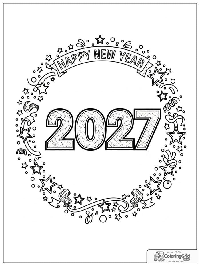2027 New Year numbers framed by stars and confetti border.