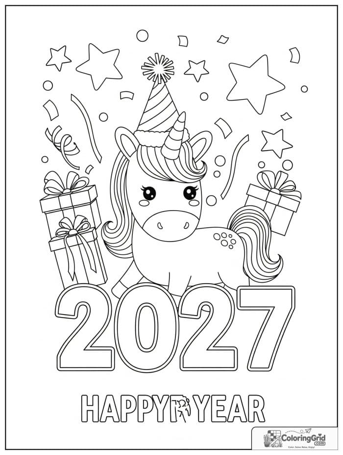 Cute unicorn celebrating 2027 New Year with stars.
