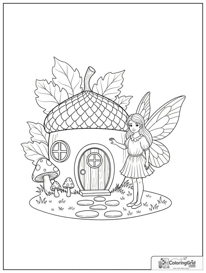 Fairy coloring page featuring a fairy beside an acorn house.