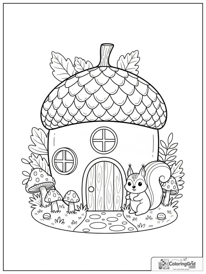 Fall Coloring Pages featuring an acorn house with a squirrel.
