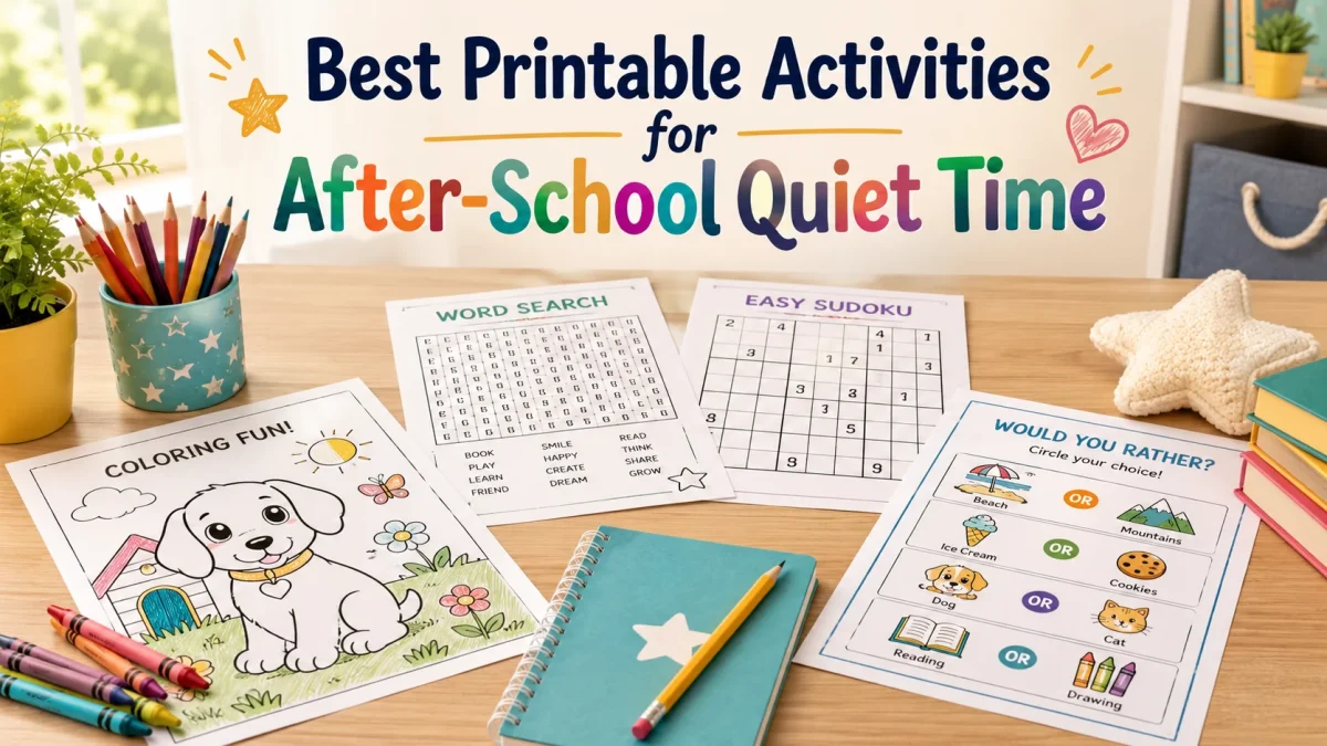 Printable coloring pages, word search, sudoku, and activity sheets for after-school quiet time