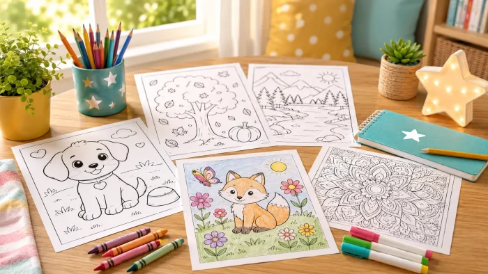 after school printable activities _Organized after-school printable station with coloring pages, puzzles, calendars, choice pages, crayons, pencils, and a binder