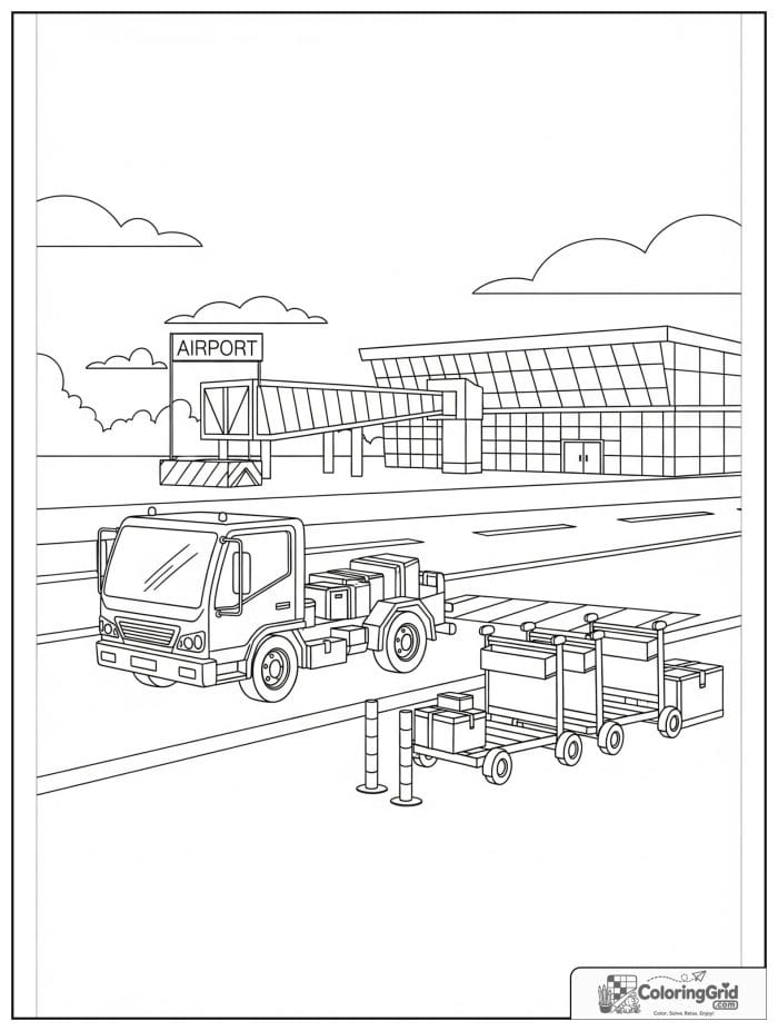 Truck coloring page featuring an airport service truck near the runway.