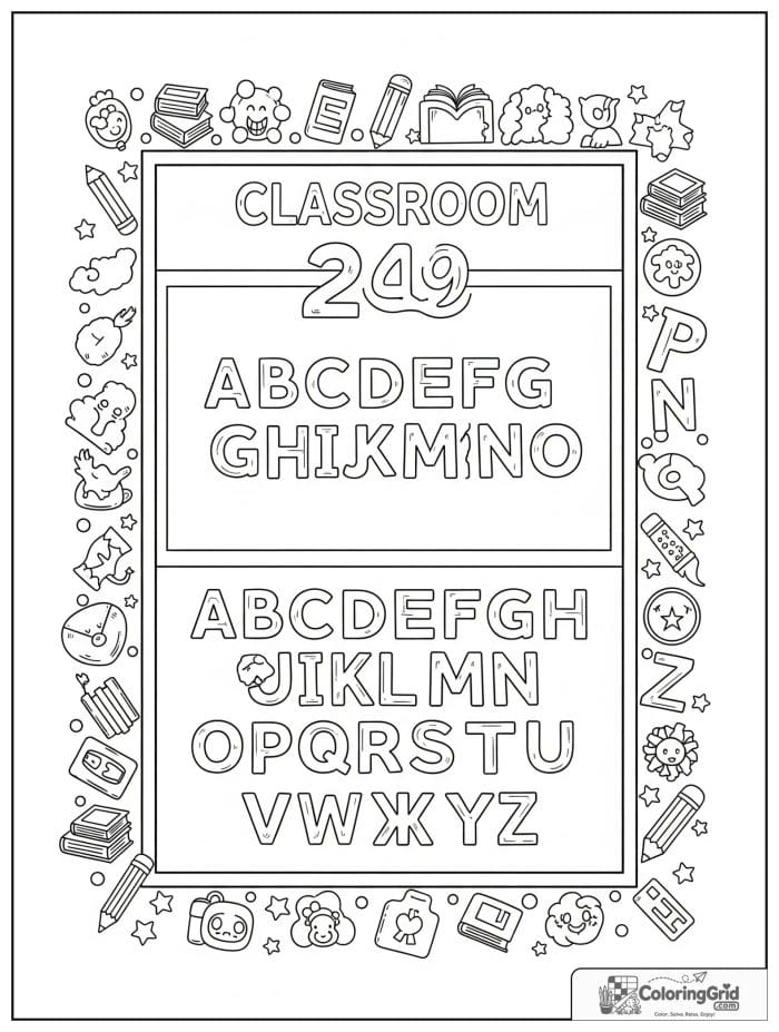 Back to school coloring page featuring an alphabet learning board.