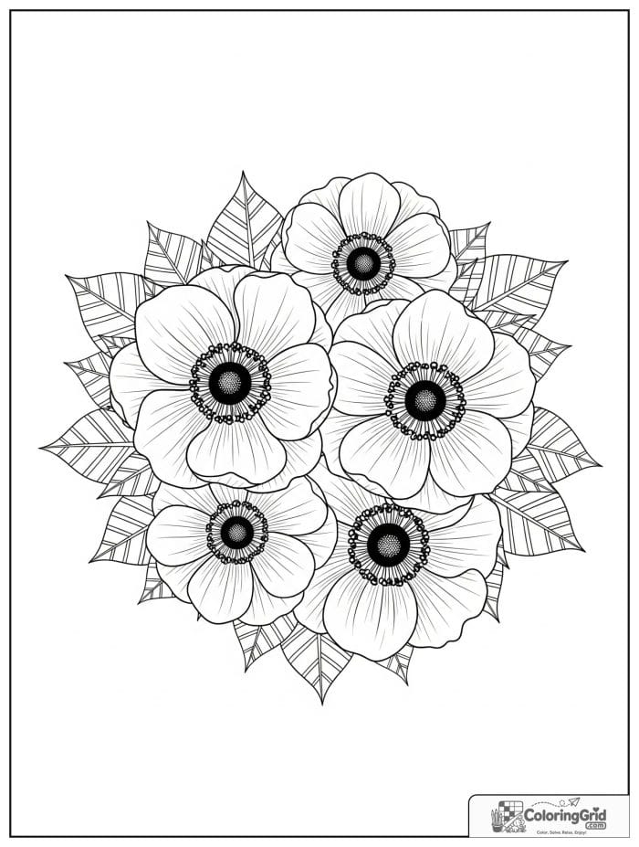 Flower mandala with anemone blooms and bold center circles.