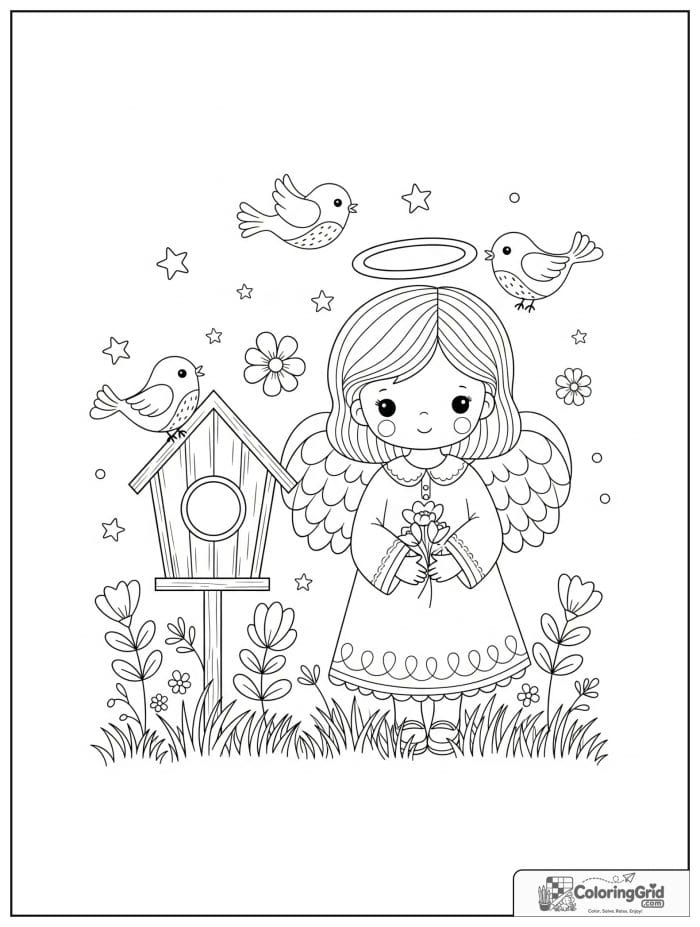 Cute angel beside a little birdhouse.