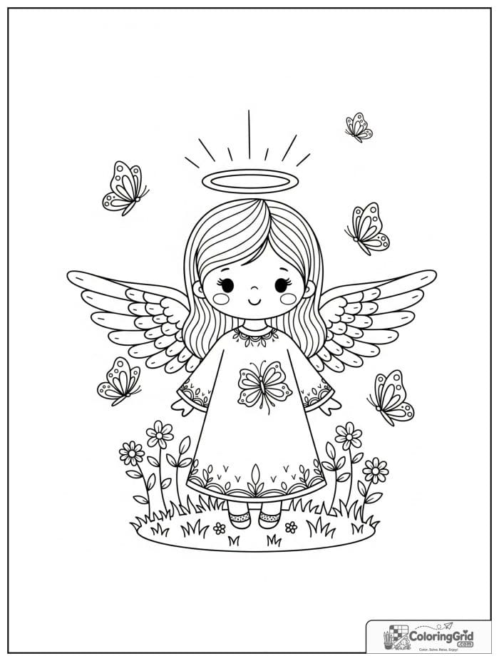 Smiling angel in a garden with butterflies.