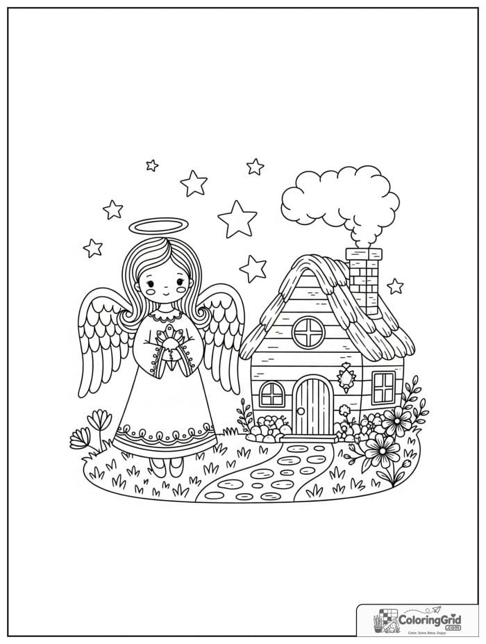 Cute angel beside a cozy cottage.