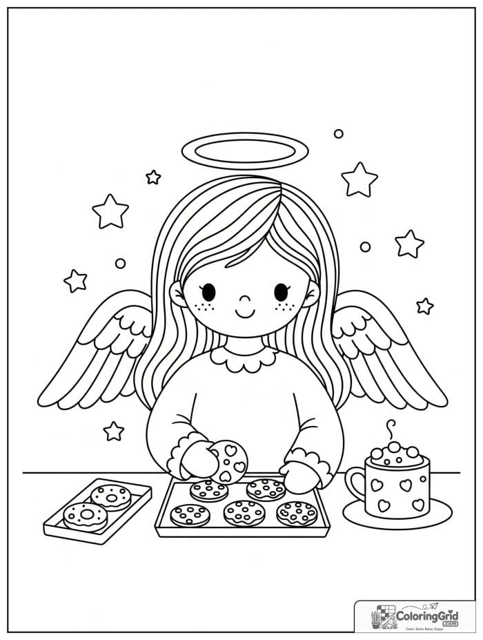 Happy angel baking cookies in a cozy kitchen.