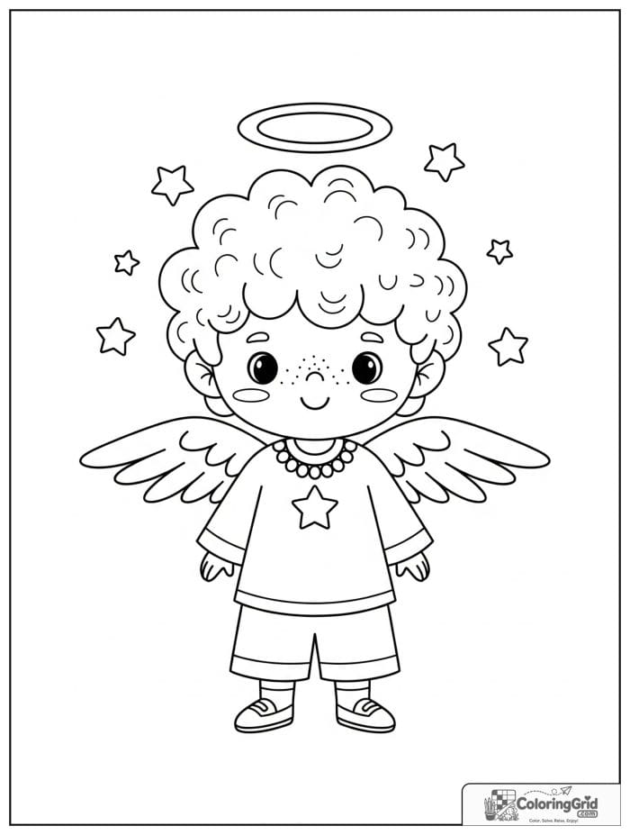 Cute angel boy with curly hair and halo.