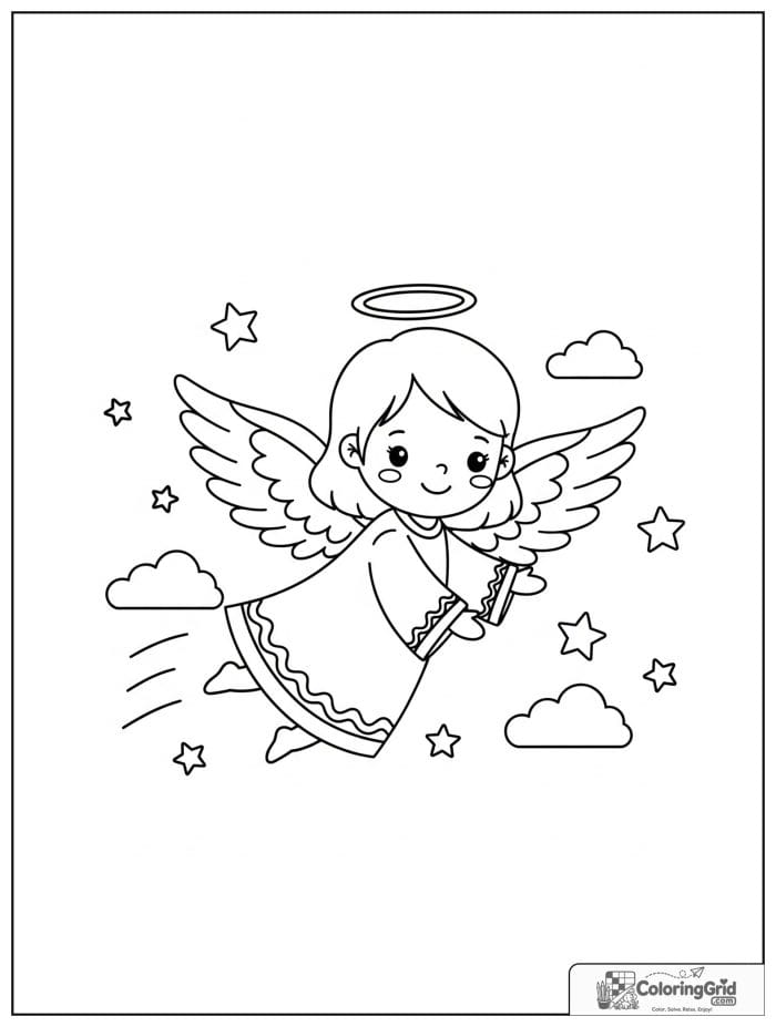 Smiling angel flying through the sky.
